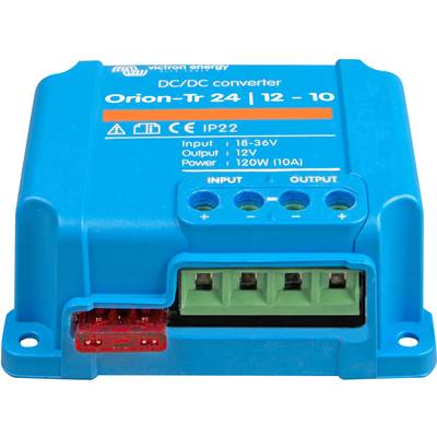 Niebieski konwerter DC/DC z napisem 'Orion-Tr 24 | 12 - 10'. Wejścia: 18-36V, wyjście: 12V, moc: 120W (10A).