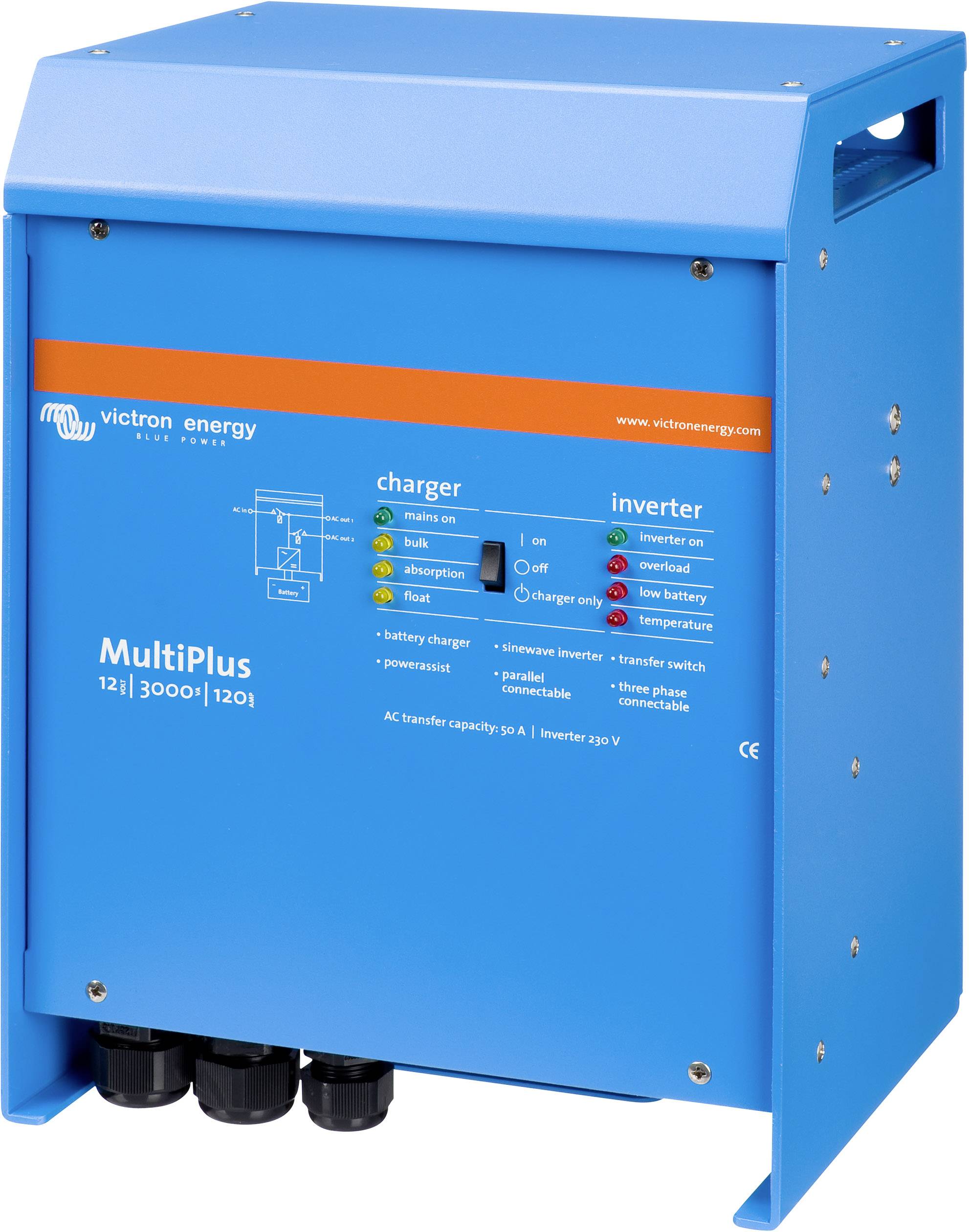 Niebieski falownik/generator Victron Energy MultiPlus z wieloma opcjami podłączenia i wskaźnikami LED trybu pracy.
