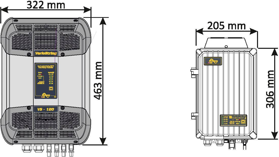 Porównanie dwóch inwerterów: Po lewej stronie większy, prostokątny inwerter o wymiarach 322 mm x 463 mm; po prawej stronie bardziej kompaktowy o wymiarach 205 mm x 306 mm.