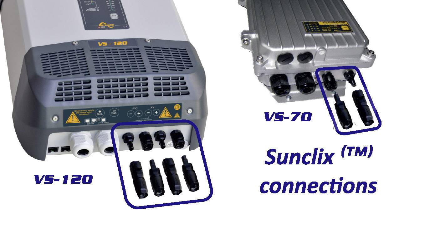 Falownik VS-120 po lewej stronie i VS-70 po prawej stronie z wyróżnionymi złączami Sunclix™ do połączeń elektrycznych.