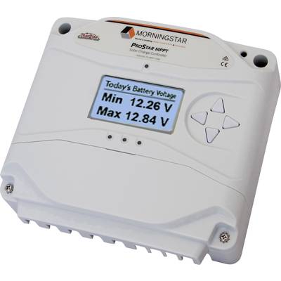 Solarny regulator ładowania z wyświetlaczem cyfrowym wskazuje stan baterii: 'Min 12,26 V, Maks 12,84 V'. Przyciski sterujące po prawej stronie.