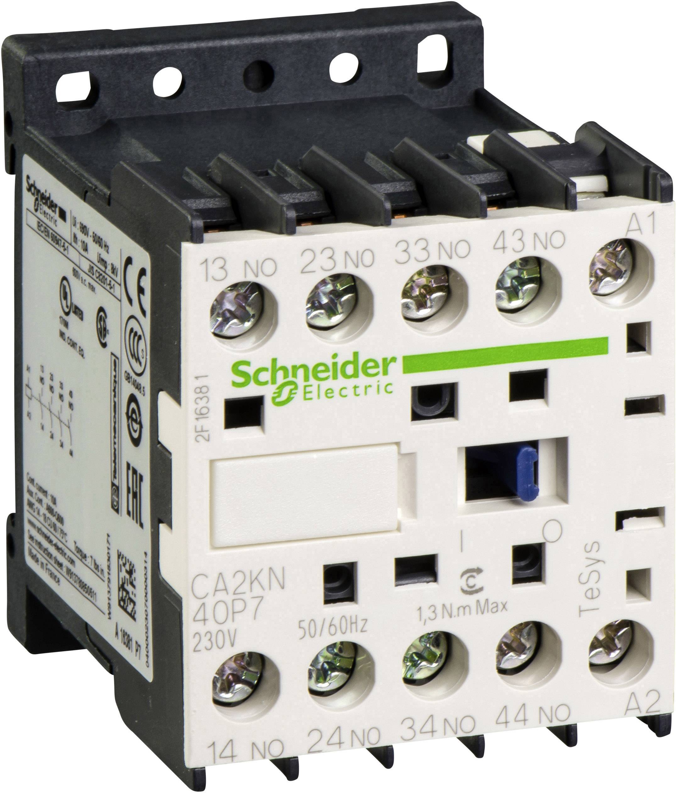 Stycznik Schneider Electric, model CA2KN40-P7, 230V, 50/60Hz, maksymalny moment obrotowy 1,3 Nm. Połączenia i szczegóły techniczne widoczne.