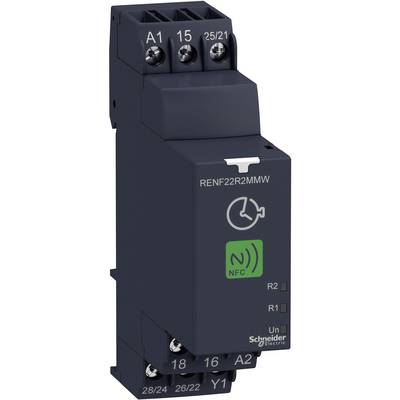 Obraz przedstawia urządzenie elektryczne firmy Schneider Electric o numerze modelu RENF22R2MMW. Jest ono czarne i oznaczone symbolem NFC.