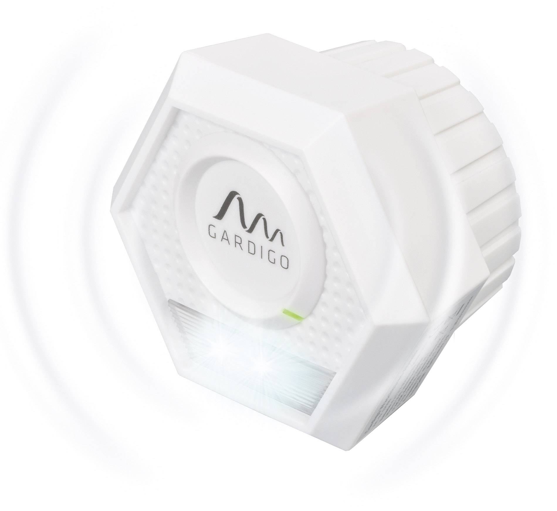 Białe, sześciokątne urządzenie z napisem 'Gardigo', świecące dwoma niebieskimi światłami i emitujące fale.