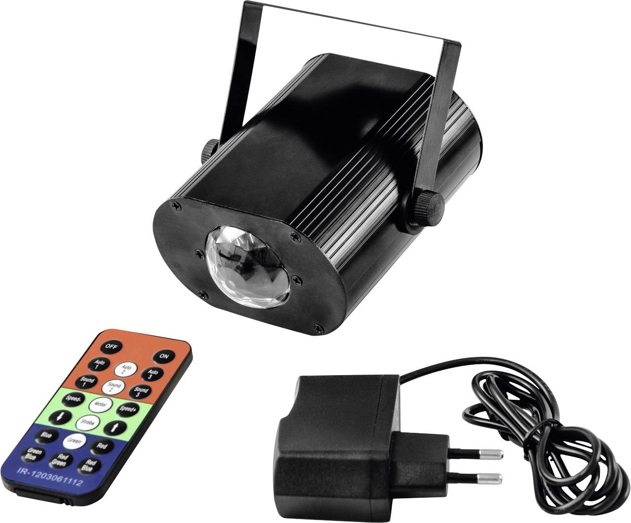 Czarny efekt świetlny LED z zasilaczem i pilotem. Urządzenie posiada uchwyt do montażu. Pilot z kolorowymi przyciskami.