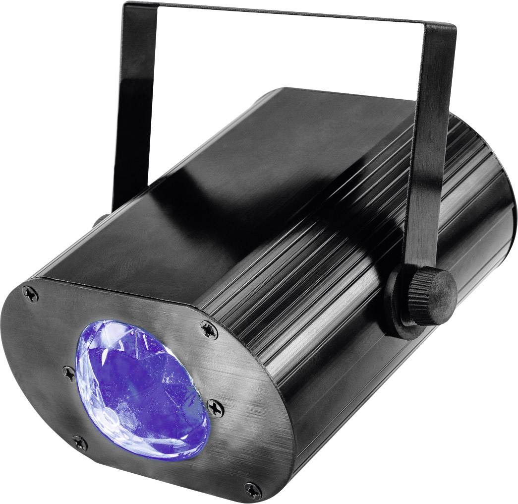 Czarna lampa sceniczna z niebieskim promieniem światła, odpowiednia do pokazów świetlnych i wydarzeń.