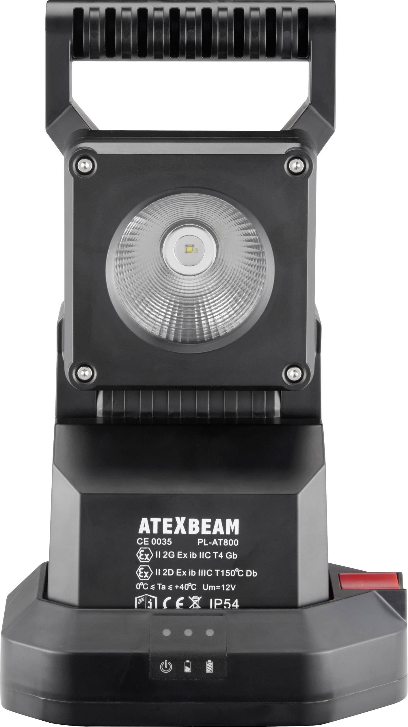 Mocna lampa robocza certyfikowana zgodnie z ATEX, wyposażona w uchwyt do przenoszenia, o silnym strumieniu świetlnym i stopniu ochrony IP54, przeznaczona do stosowania w strefach zagrożonych wybuchem.
