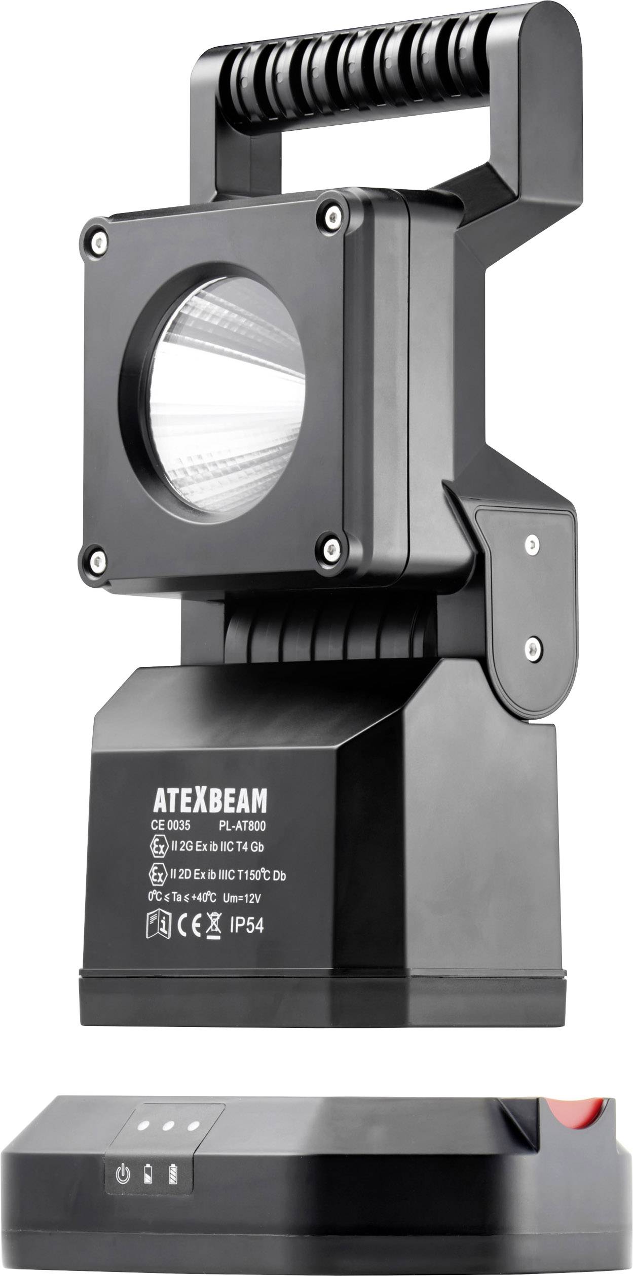 Przenośny, czarny reflektor LED z uchwytem ręcznym, model 'ATEXBEAM PC-71100', przeznaczony do profesjonalnego oświetlenia, certyfikowany zgodnie z normą IP54.