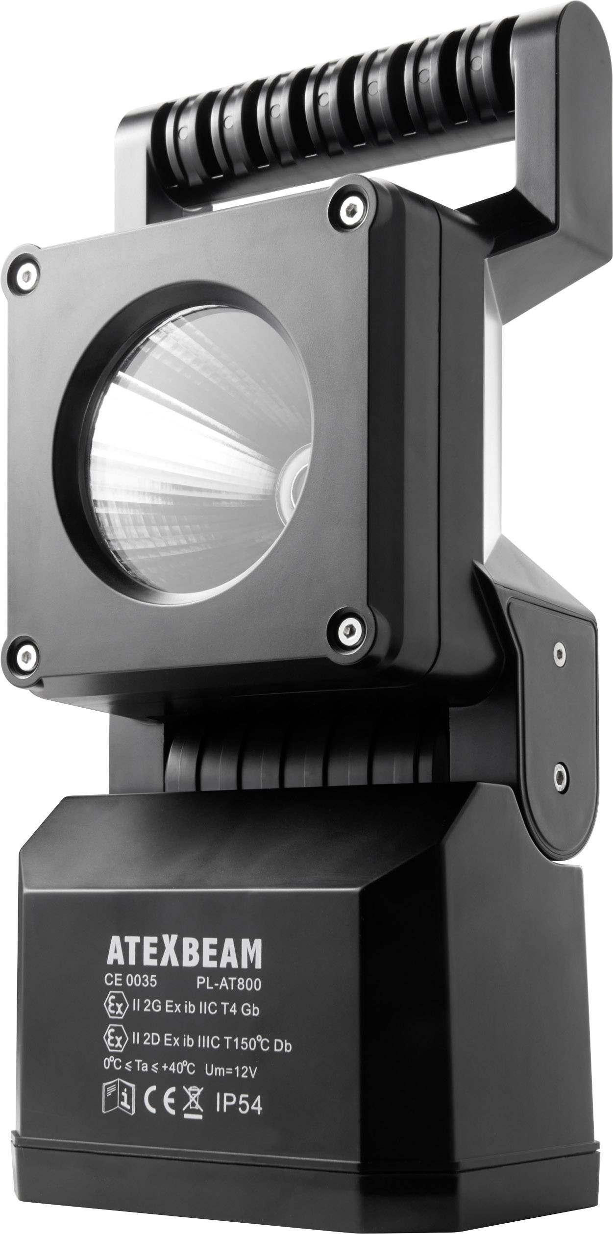 Przenośna lampa robocza LED z wytrzymałą obudową i uchwytem, przeznaczona do stosowania w strefach zagrożonych wybuchem, marka ATEXBEAM.