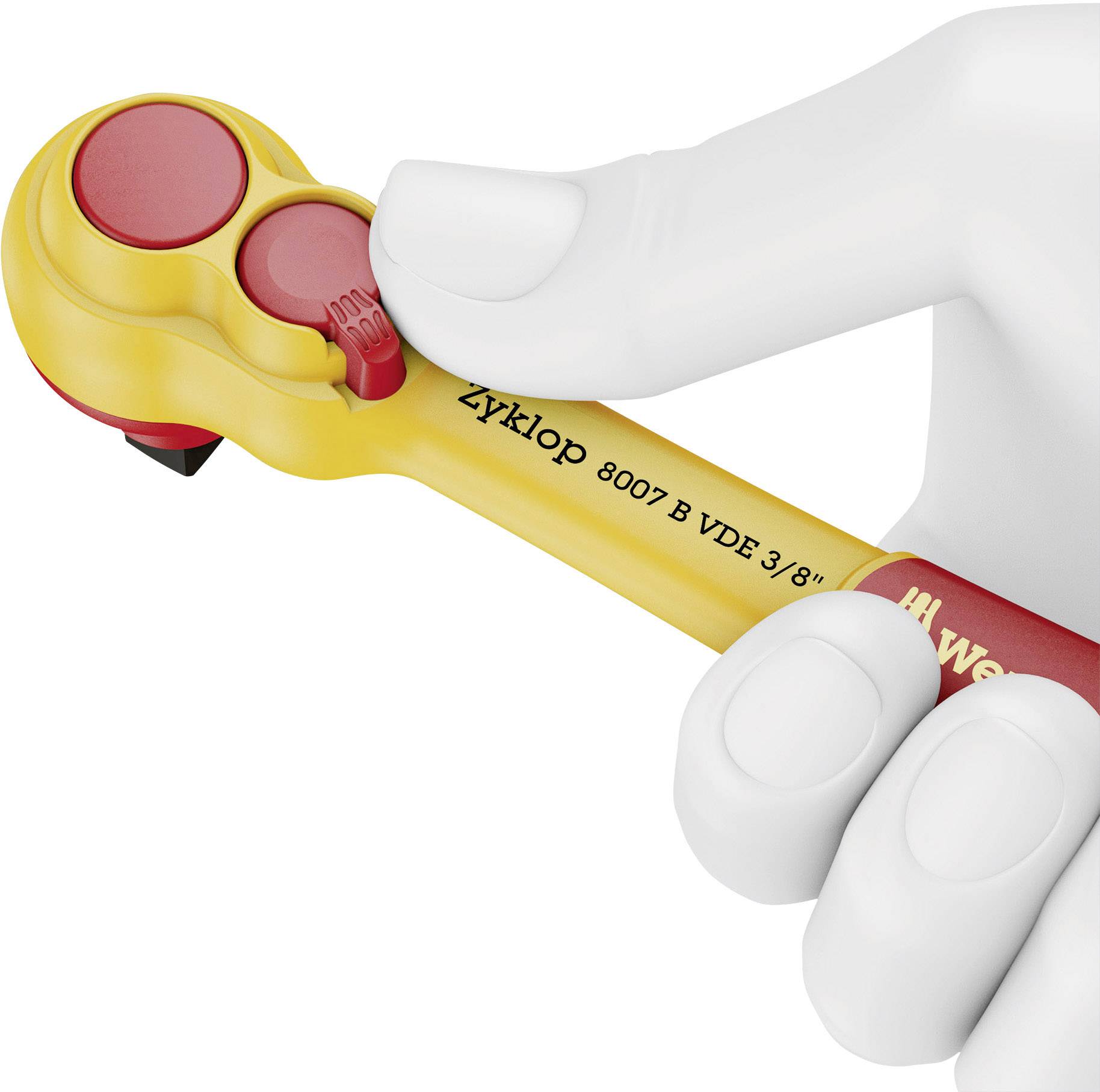 Biała dłoń trzyma żółty klucz dynamometryczny z czerwonym przyciskiem. Na rękojeści widnieje napis 'Zyklop 8007 B VDE 3/8'.