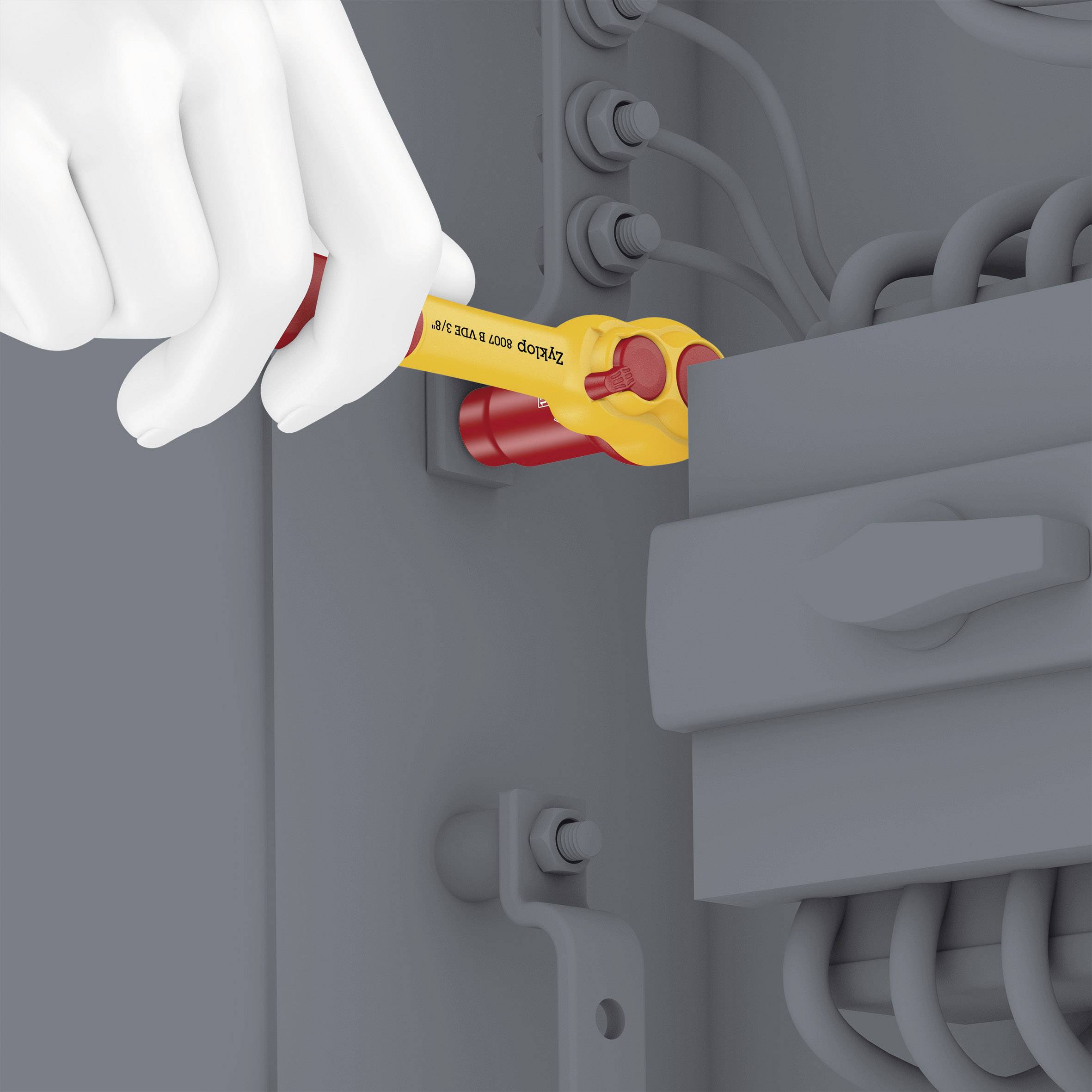 Biała, animowana ręka używa śrubokręta do dokręcenia śruby w elektrycznym panelu sterowania.