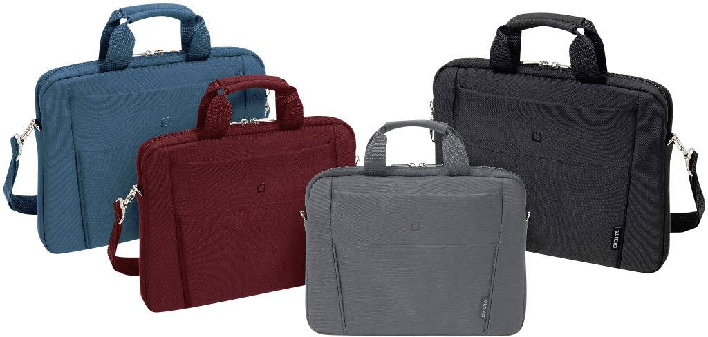 Trzy torby na laptopa w kolorach niebieskim, czerwonym i czarnym stoją obok siebie. Każda posiada uchwyt do przenoszenia oraz odpinany pas na ramię.