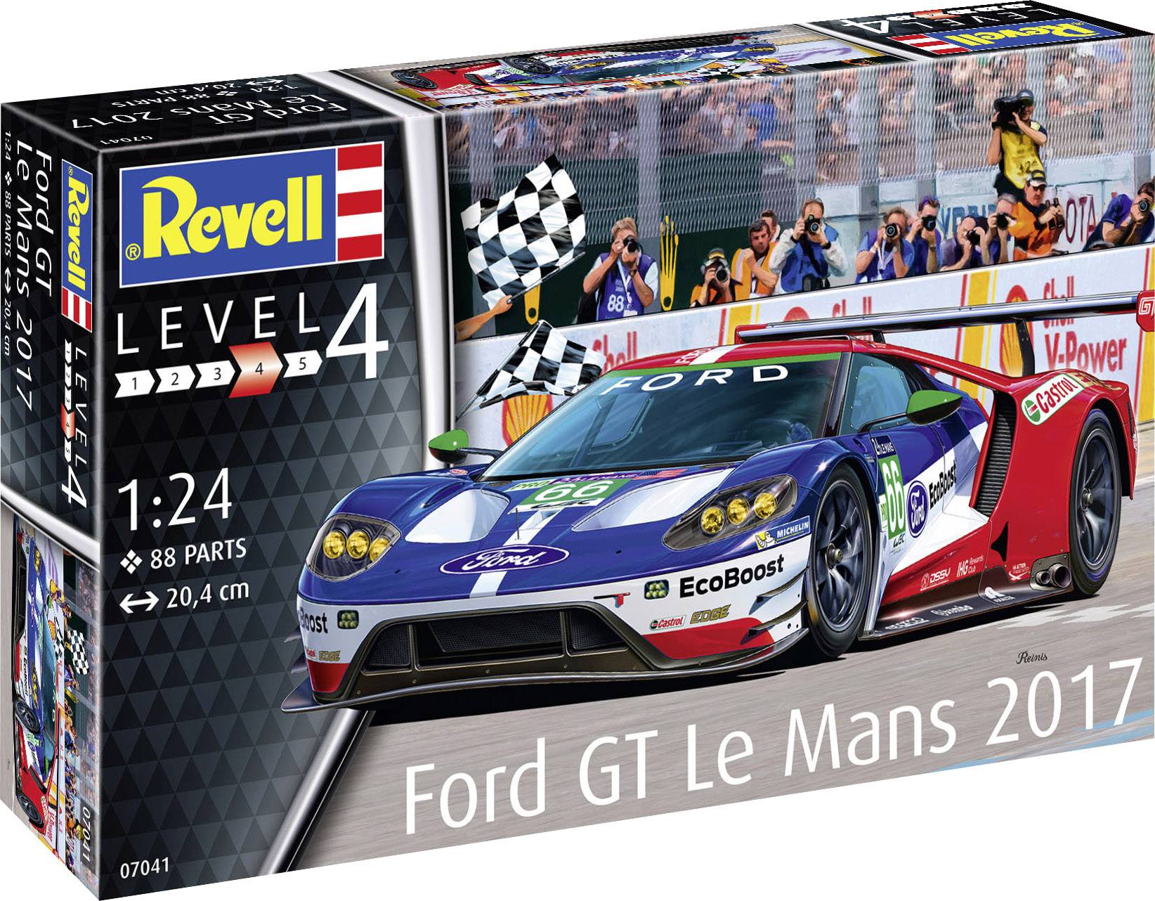 Zestaw modelarski Revell 'Ford GT Le Mans 2017', skala 1:24, poziom 4, zawiera 88 elementów, samochód przedstawiony na skraju toru wyścigowego.