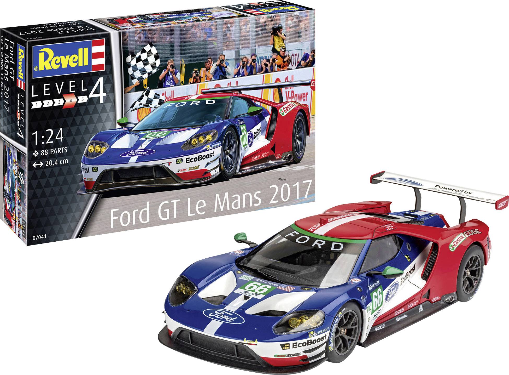 Model samochodu Revell Ford GT Le Mans 2017, przedstawiający kolorowy model samochodu z naklejkami wyścigowymi. Opakowanie z widocznym zdjęciem samochodu wyścigowego.