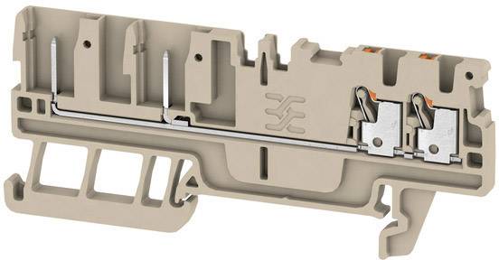 Elektryczny listwowy blok zaciskowy z tworzywa sztucznego z metalowymi złączkami, stosowany do bezpiecznego mocowania i okablowania w szafach sterowniczych.