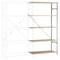Regał metalowy z pięcioma drewnianymi półkami, zbudowany po prawej stronie. Lewa połowa zaznaczona, prezentuje opcje rozbudowy lub różnych konfiguracji.