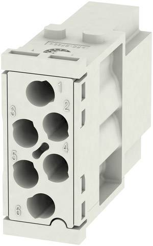 Szary elektryczny blok przyłączeniowy z sześcioma ponumerowanymi otworami przyłączeniowymi (od 1 do 6) ułożonymi w dwóch rzędach pionowych.