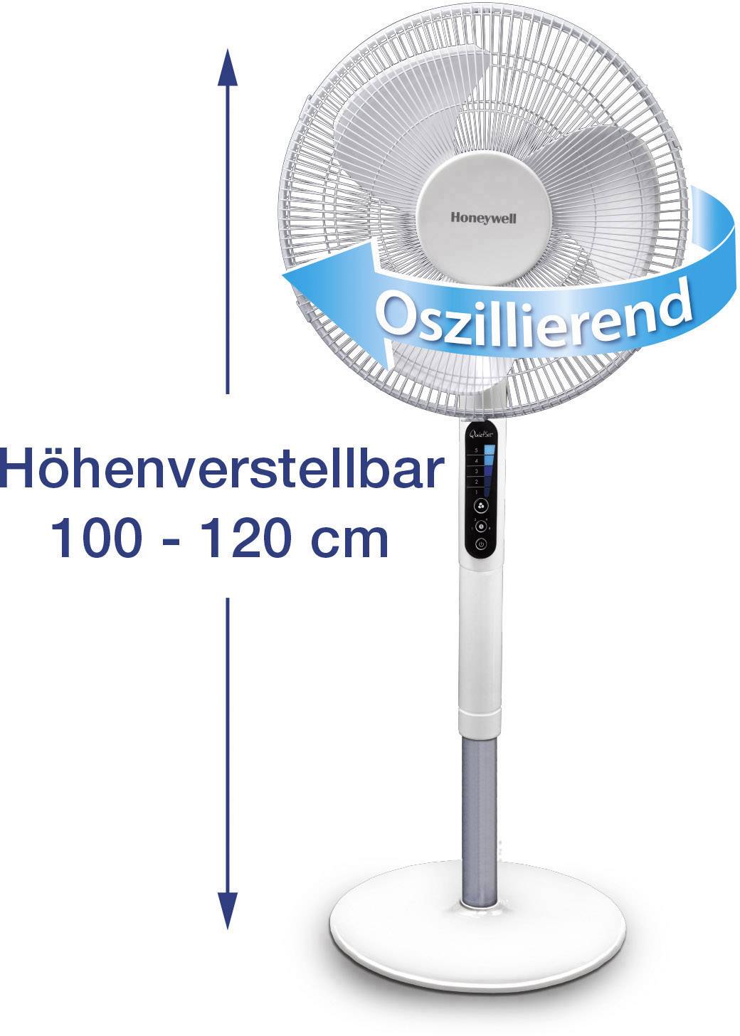 Wentylator stojący z napisem 'Oscylujący', z regulacją wysokości od 100 do 120 cm, wyposażony w cyfrowe elementy sterujące na podstawie.
