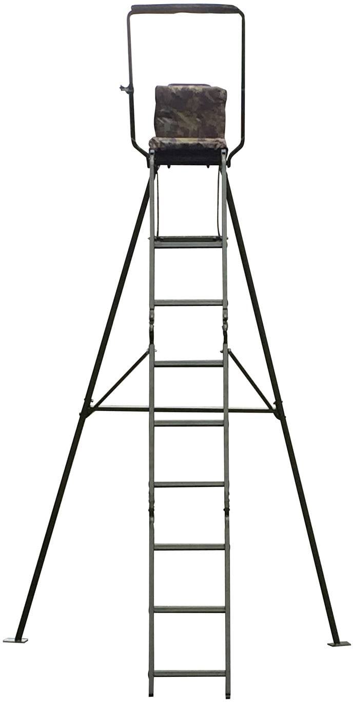 Wysoka ambona z drabinką i platformą siedzącą, używana do polowania lub obserwacji w terenie.