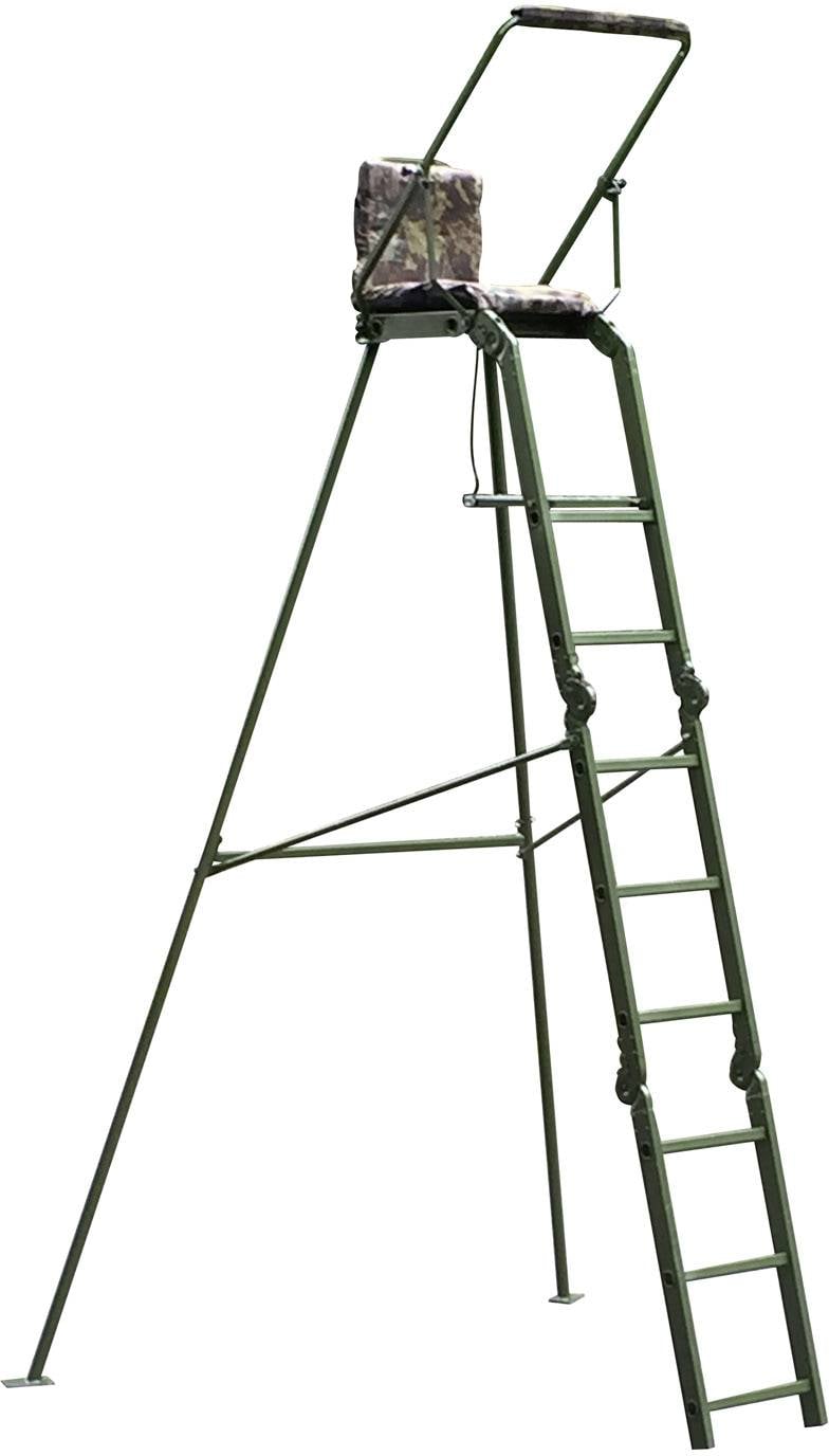 Wysoka, zielona metalowa drabina z siedziskiem, prawdopodobnie przeznaczona do celów myśliwskich lub obserwacyjnych. Siedzisko pokryte jest wzorem maskującym.