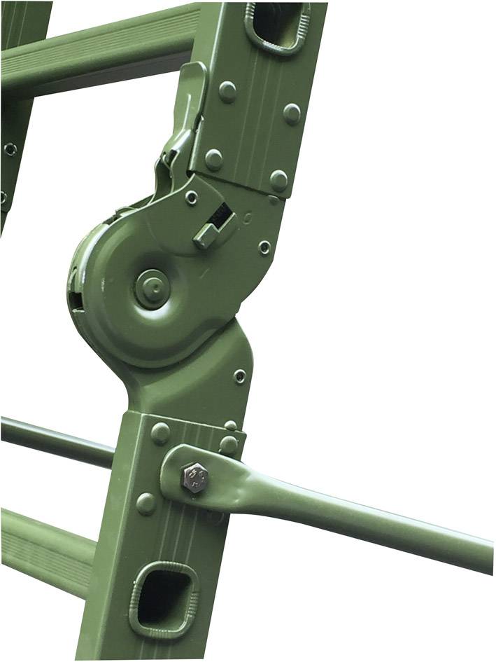 Zbliżenie zielonej struktury mechanicznej z zawiasami i dźwigniami, prawdopodobnie fragment drabiny lub szkieletu.