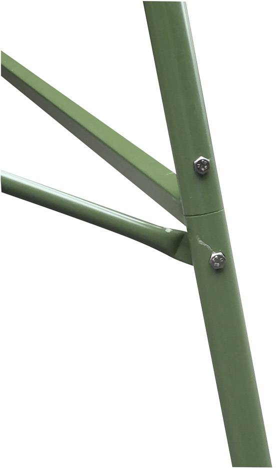 Metalowa rama w zielonym kolorze z połączeniami śrubowymi, prezentująca elementy konstrukcyjne lub dekoracyjne.