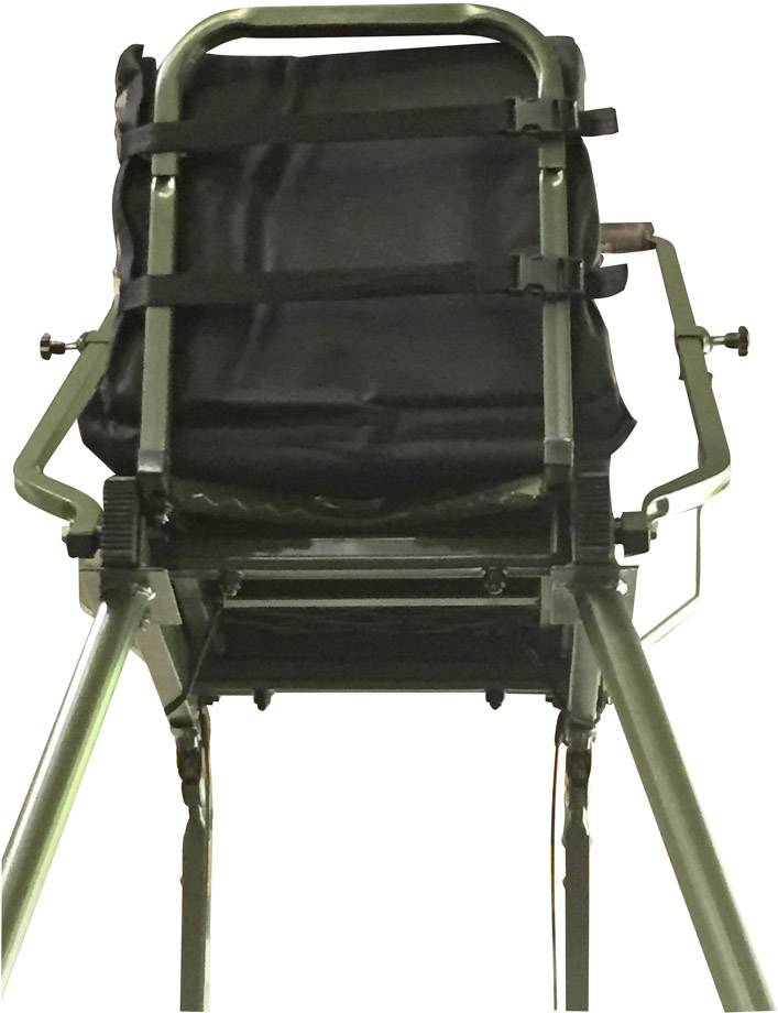 Zielony krzesło myśliwskie z czarnym siedziskiem, widziane od dołu.
