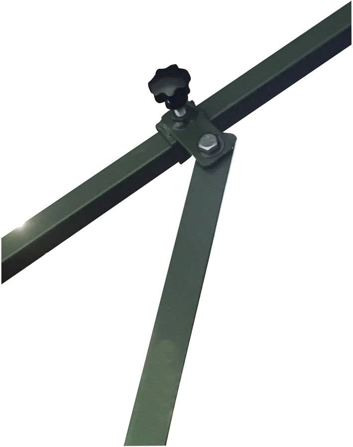 Metalowa rama z pokrętłem do regulacji wysokości, prawdopodobnie element konstrukcji wspierającej lub stojaka.