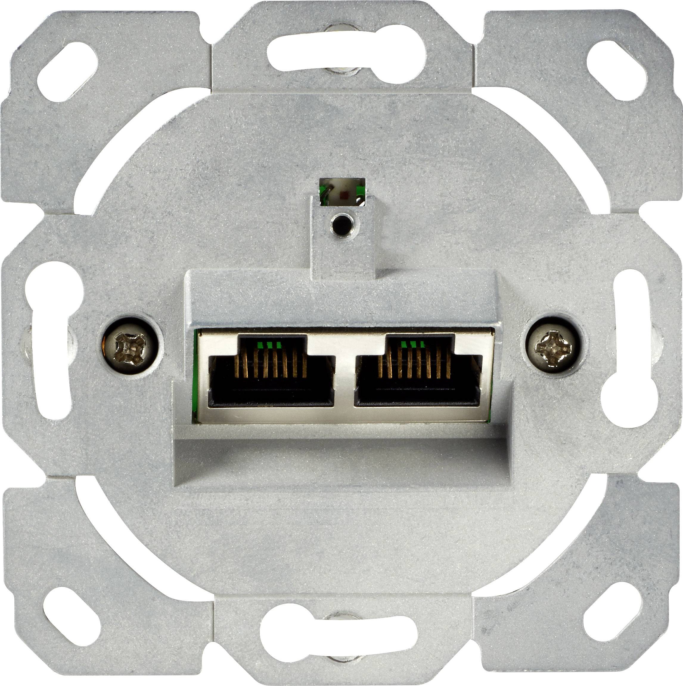 Gniazdo sieciowe z dwoma złączami Ethernet, zintegrowane z płytką naścienną, przedstawione na białym tle.