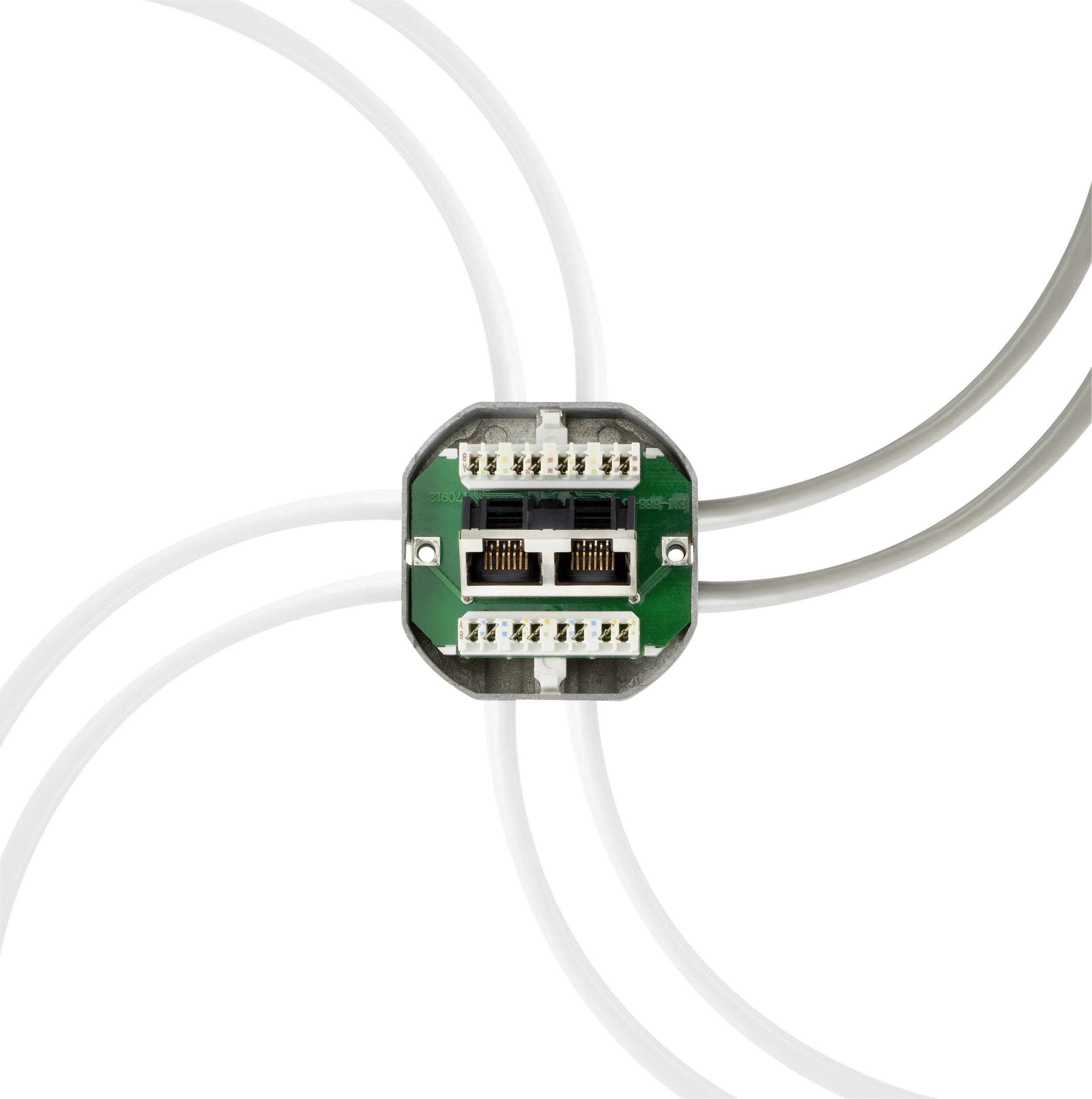 Cyfrowe złącze z wieloma portami i kablami w przezroczystej obudowie, umieszczone centralnie na środku obrazu.