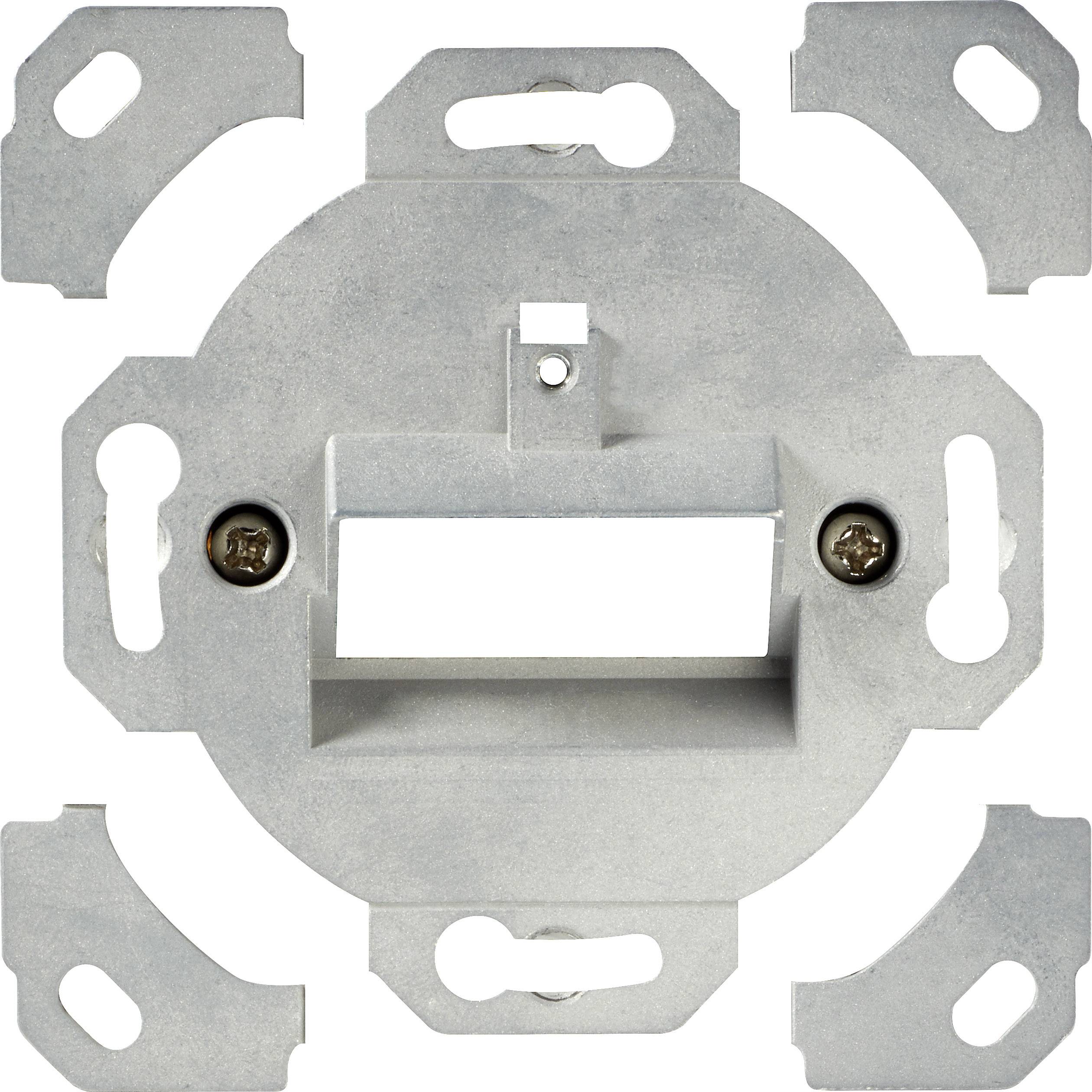 Metalowy podtynkowy ramka montażowa do gniazda lub włącznika, prostokątne wycięcie w środku, dwie śruby mocujące.