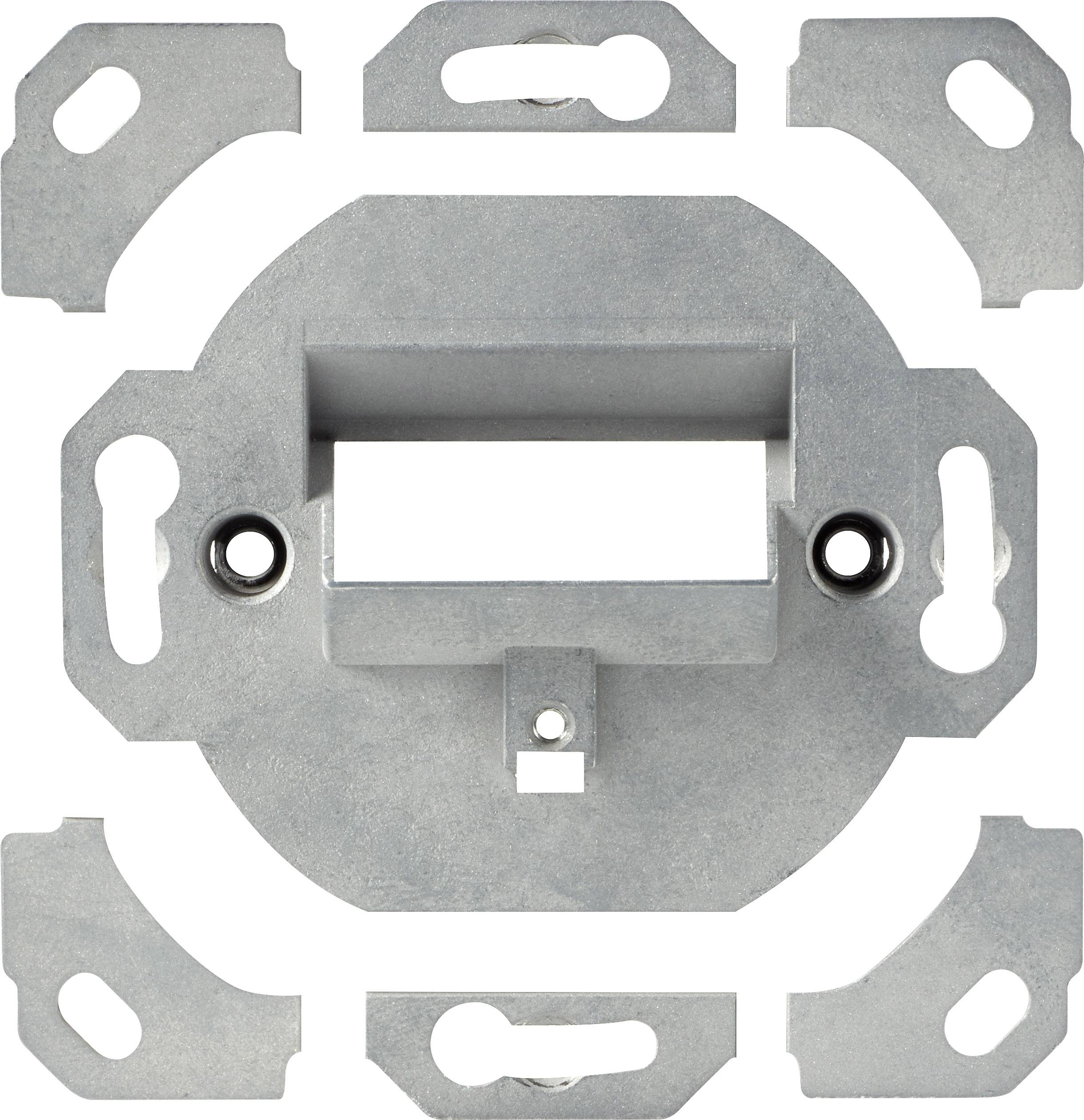 Metalowy rama do mocowania ściennego, prostokątne otwarcie pośrodku, otoczone czterema uchwytami do montażu śrubowego.