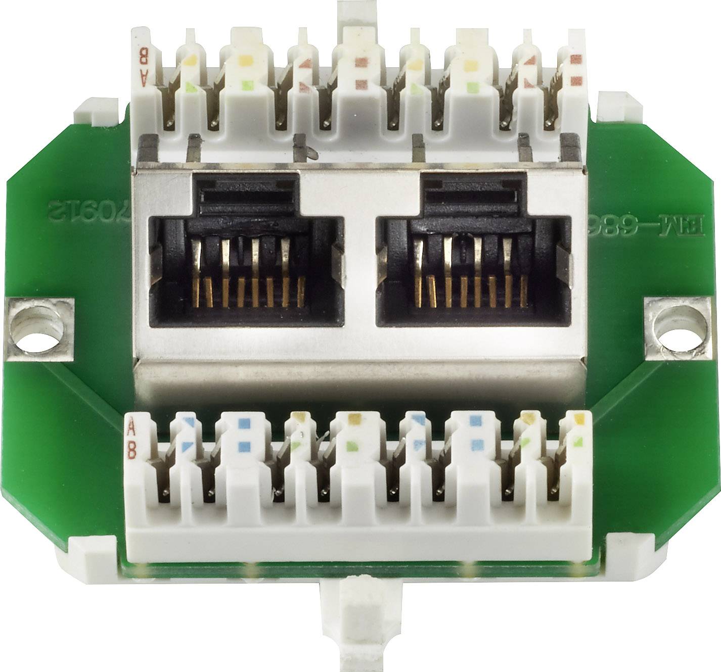 Dwa gniazda Ethernet na zielonej płytce drukowanej z etykietami A i B dla przewodów przyłączeniowych.