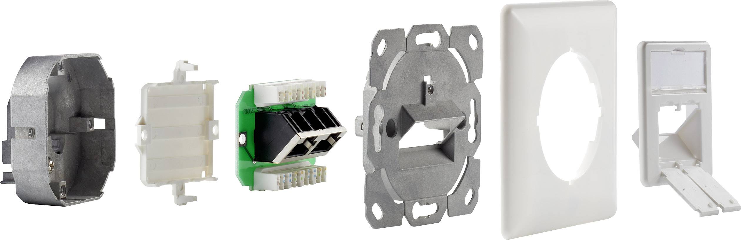 Komponenty modułu gniazda elektrycznego w widoku rozstrzelonym: obudowa, blok zacisków, rama mocująca oraz pokrywa.