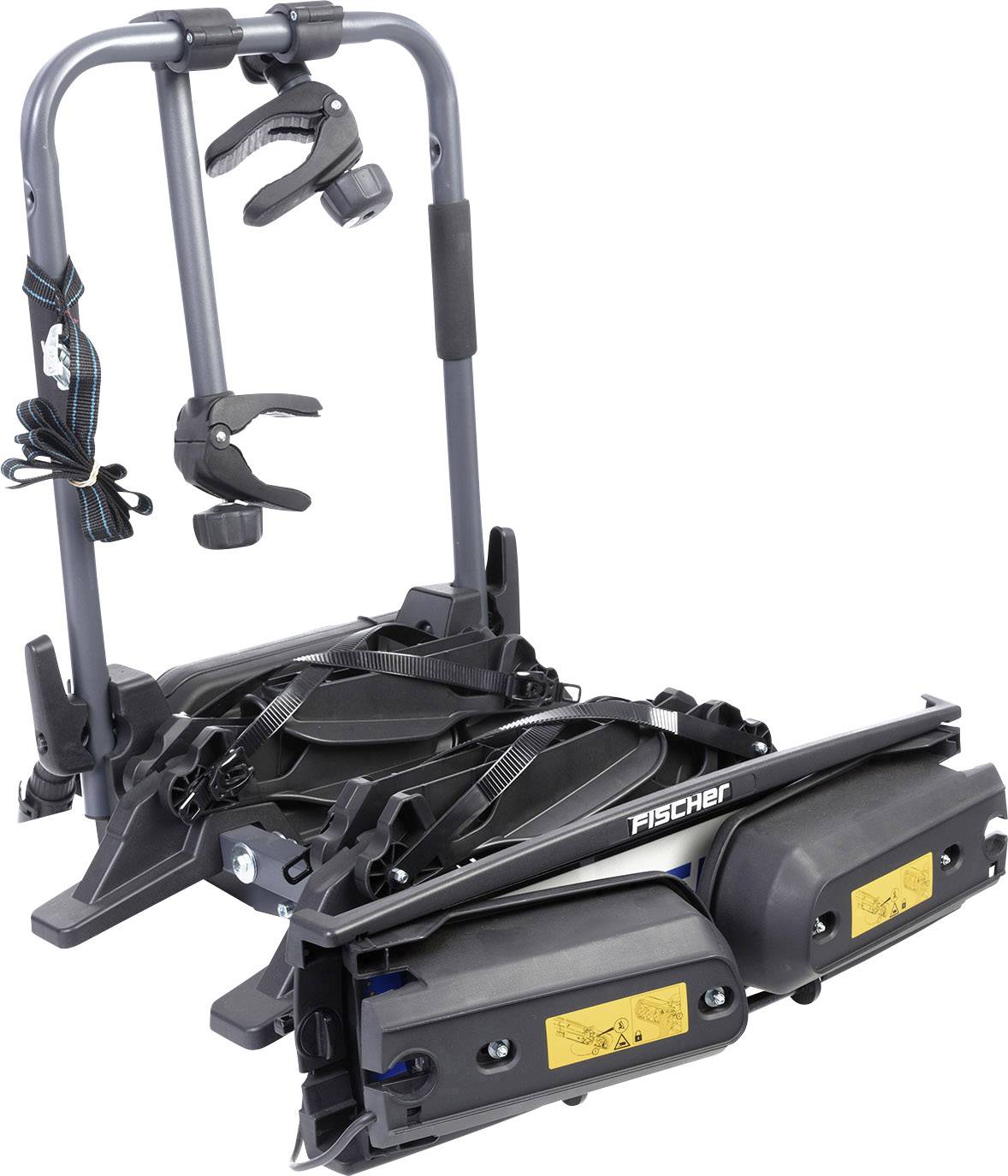 Bagażnik rowerowy na tylną część samochodu, prezentujący solidną metalową ramę z uchwytami i pasami bezpieczeństwa do mocowania rowerów.