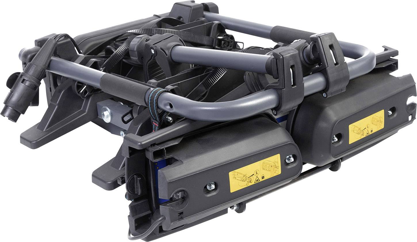 Składany wózek inwalidzki, złożony, z czarną ramą i żółtymi naklejkami ostrzegawczymi. Idealny do łatwego transportu i przechowywania.