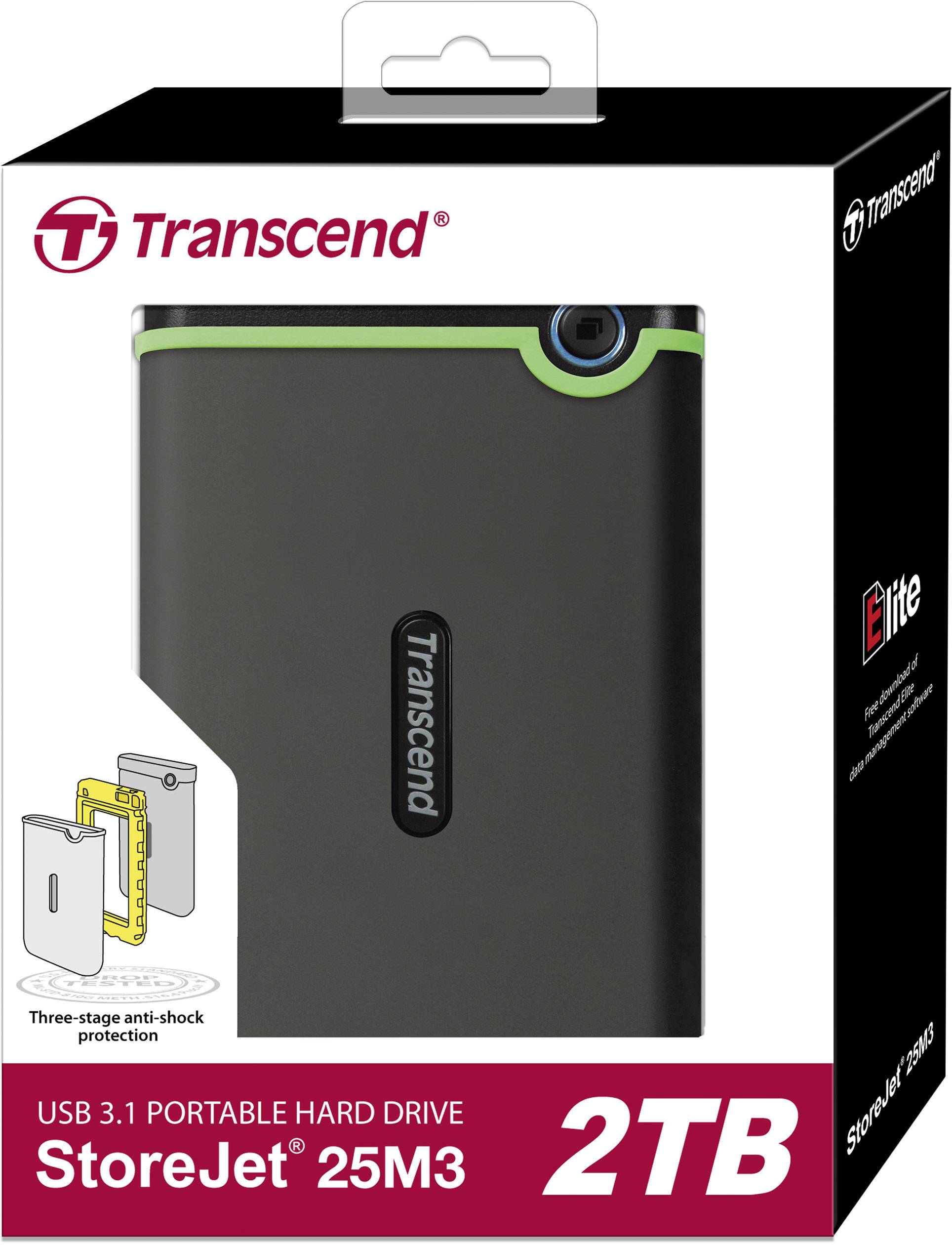 Zewnętrzny dysk twardy firmy Transcend, model StoreJet 25M3 o pojemności 2TB. Opakowanie prezentuje właściwości wstrząsoodporne.