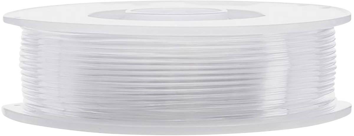 Przezroczysta rolka filamentu do drukarki 3D, nawinięta na plastikowy rdzeń, widok z boku.