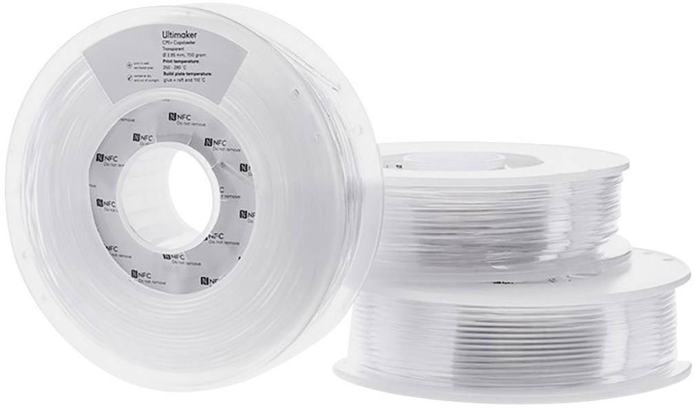 Trzy szpule przezroczystego filamentu do drukarki 3D, ułożone w rzędzie; zbliżenie na etykietę szpuli z nazwą marki i szczegółami materiału.