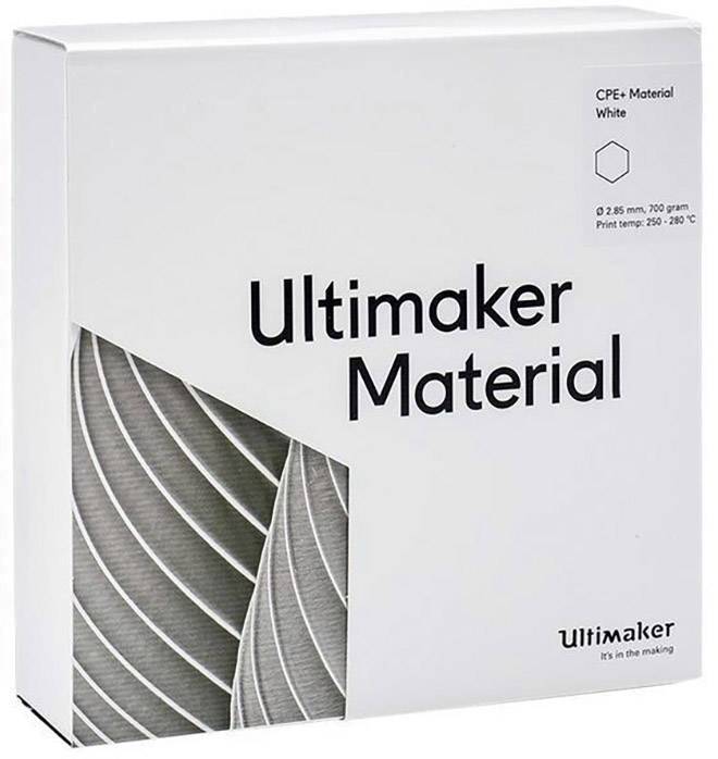 Opakowanie produktu materiału Ultimaker w kolorze białym. Zawiera 200 gramów materiału CPE+. Zalecana temperatura druku: 250-280°C.