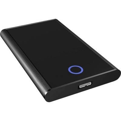 Czarna powerbank z niebieskim, okrągłym światłem na górnej powierzchni oraz złączem USB z boku.