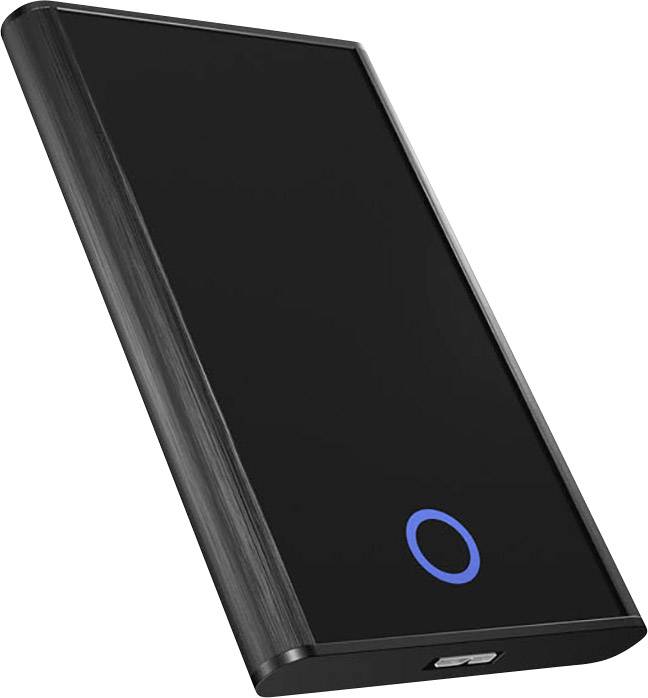 Przenośny powerbank w czarnym, prostokątnym designie z niebieskim kręgiem LED na powierzchni, wskazujący, że jest włączony.