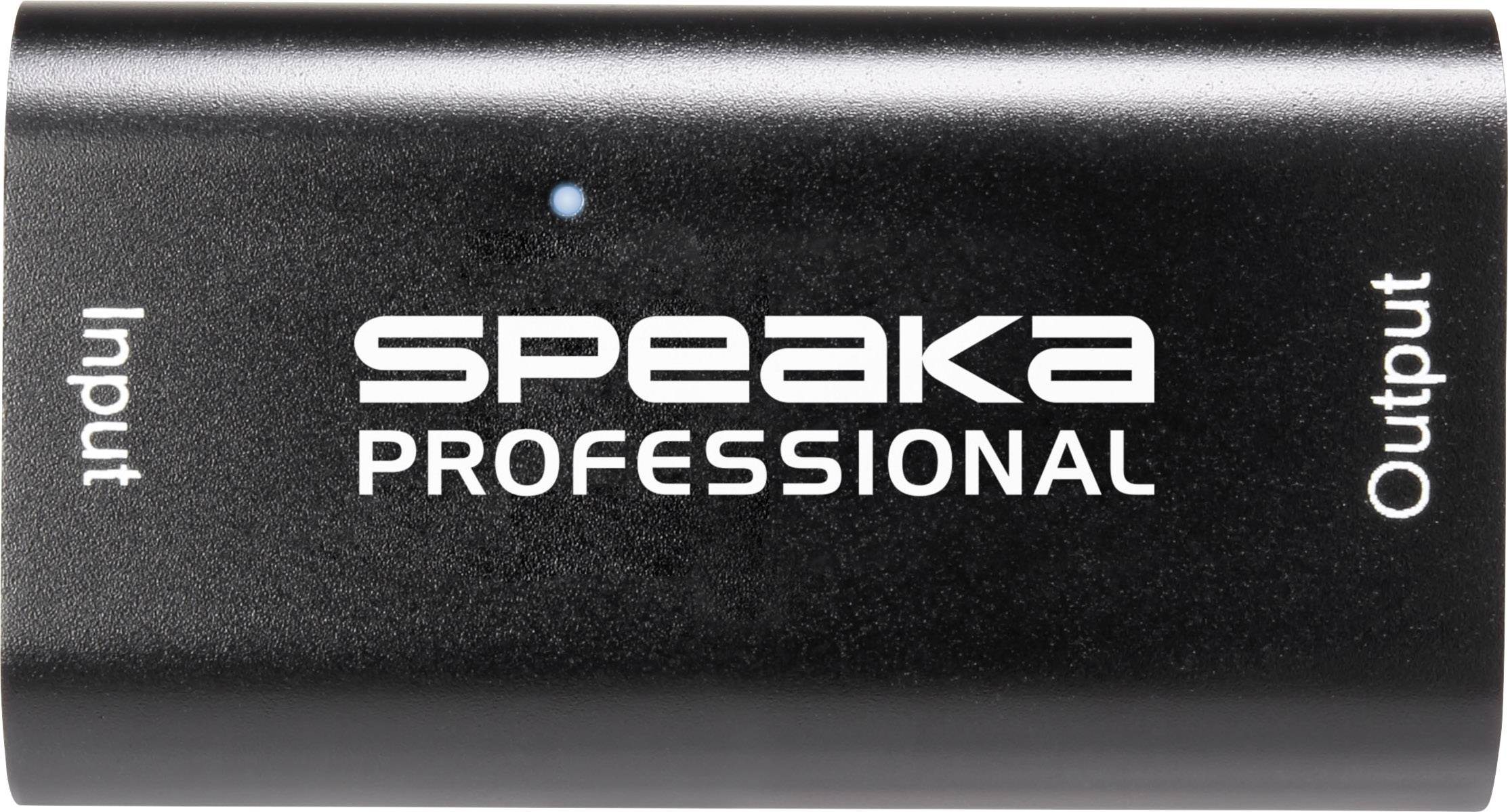 Czarny adapter audio z napisem 'Speaka Professional' oraz oznaczeniami 'Input' i 'Output' na bokach.