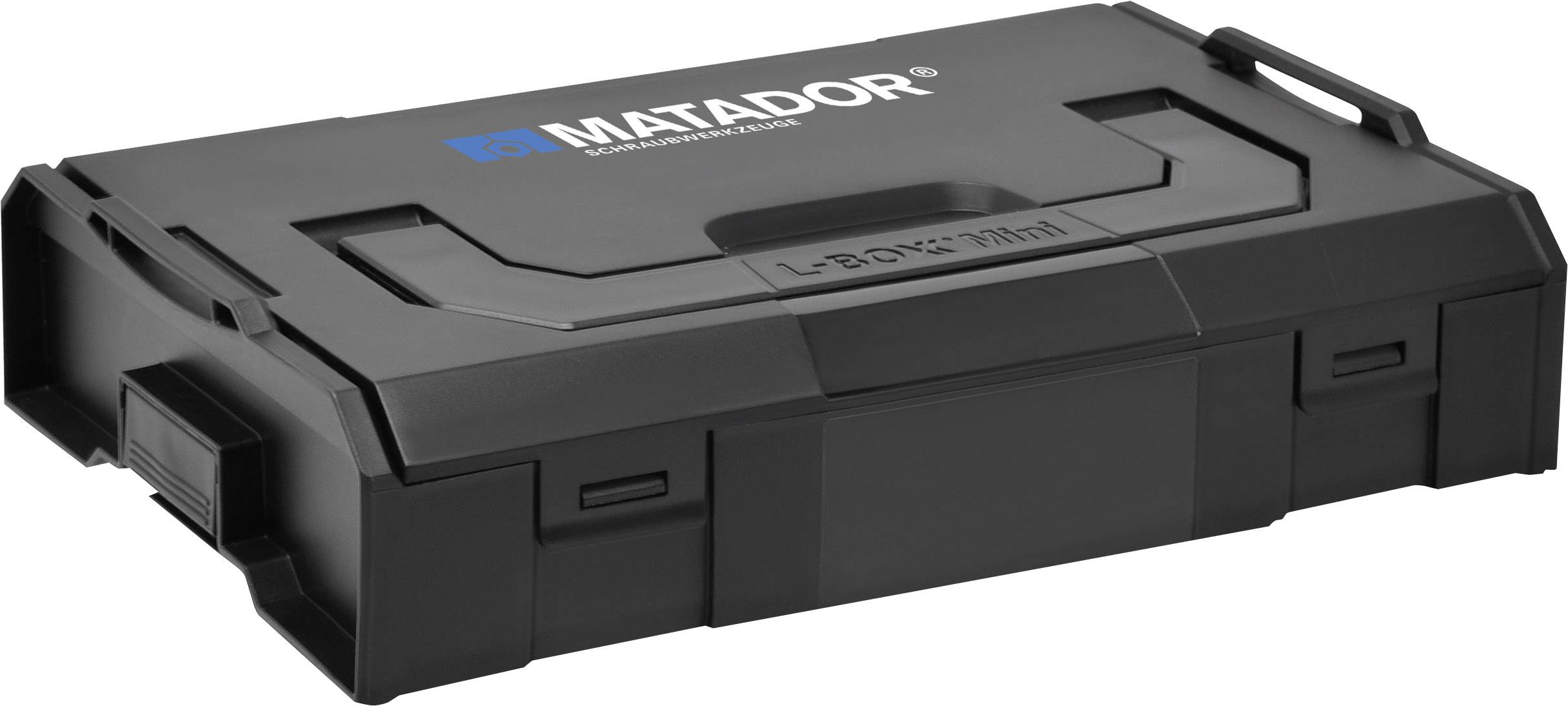 Czarny kufer na narzędzia z logo firmowym 'MATADOR' na pokrywie. Kufer jest prostokątny i poręczny, idealny do przechowywania narzędzi.