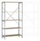 Regał metalowy z czterema drewnianymi półkami, z lewej strony naszkicowana możliwość rozbudowy regału. Odpowiedni do przechowywania w biurach lub warsztatach.