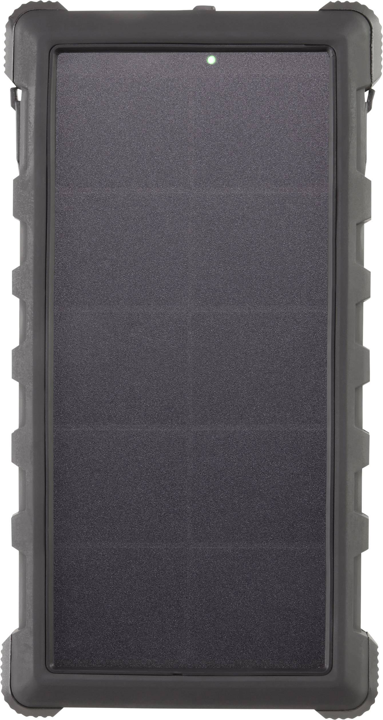 Czarna powerbank z powierzchnią ogniw słonecznych, otoczona wytrzymałą obudową o zaokrąglonych narożnikach.