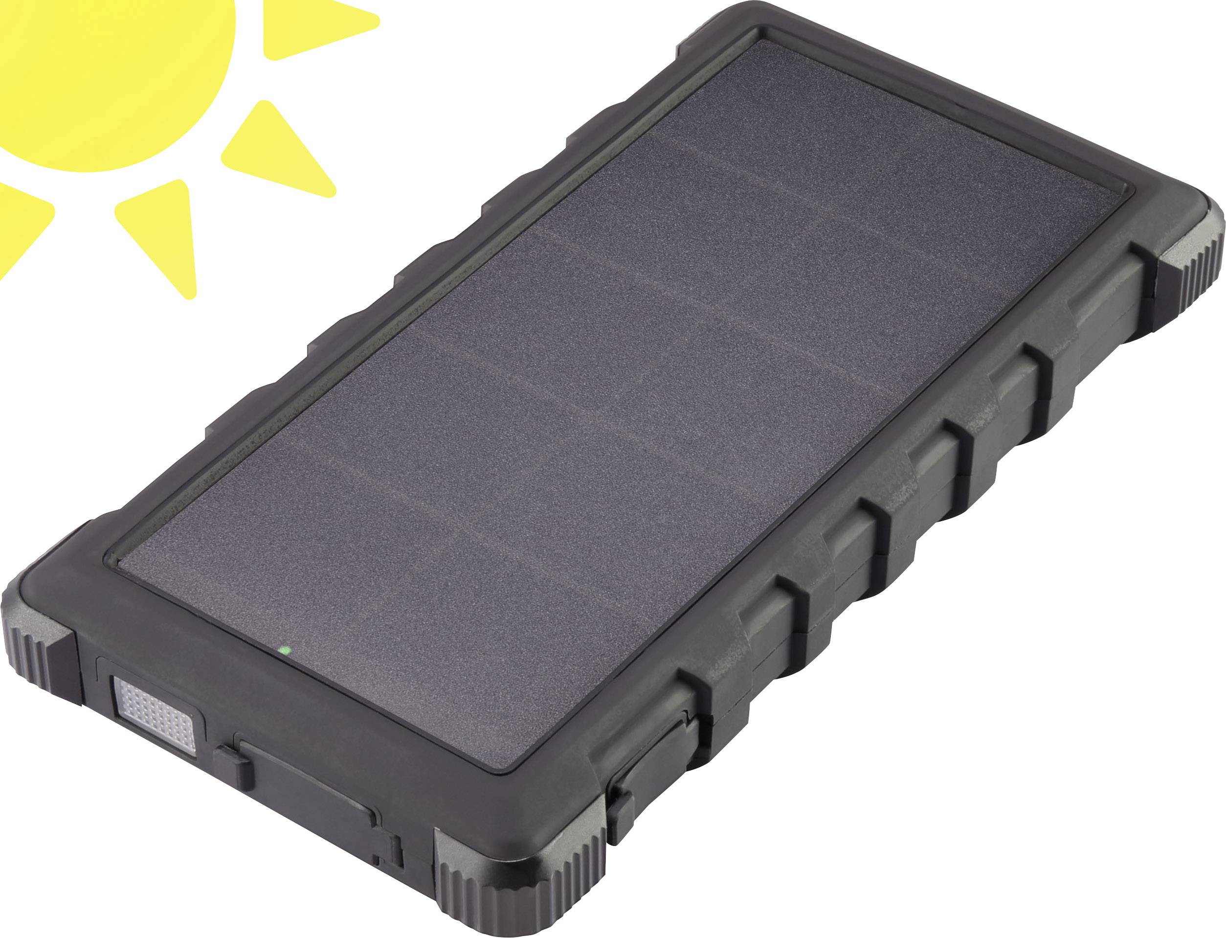 Czarny powerbank solarny z symbolem słońca w rogu, wskazujący na przenośność i ekologiczność.