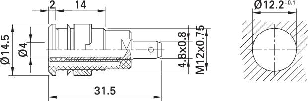 Rysunek techniczny elementu mechanicznego z wymiarami w milimetrach. Rysunek przedstawia widok z przodu i z boku.