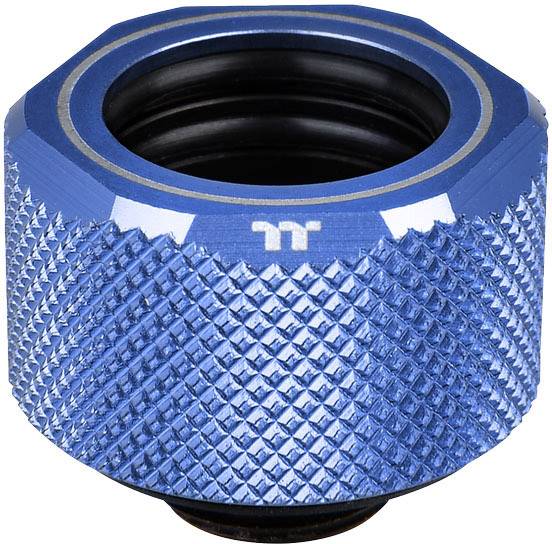 Niebieska, sześciokątna metalowa śruba gwintowana o wyprofilowanej powierzchni i czarnej krawędzi wewnętrznej; używana do łączenia rur lub węży.