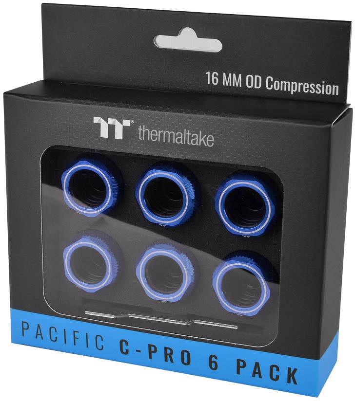 Opakowanie z sześcioma niebieskimi 16-milimetrowymi złączkami kompresyjnymi firmy Thermaltake, model 'Pacific C-Pro 6 Pack', przeznaczone do systemów chłodzenia wodnego.